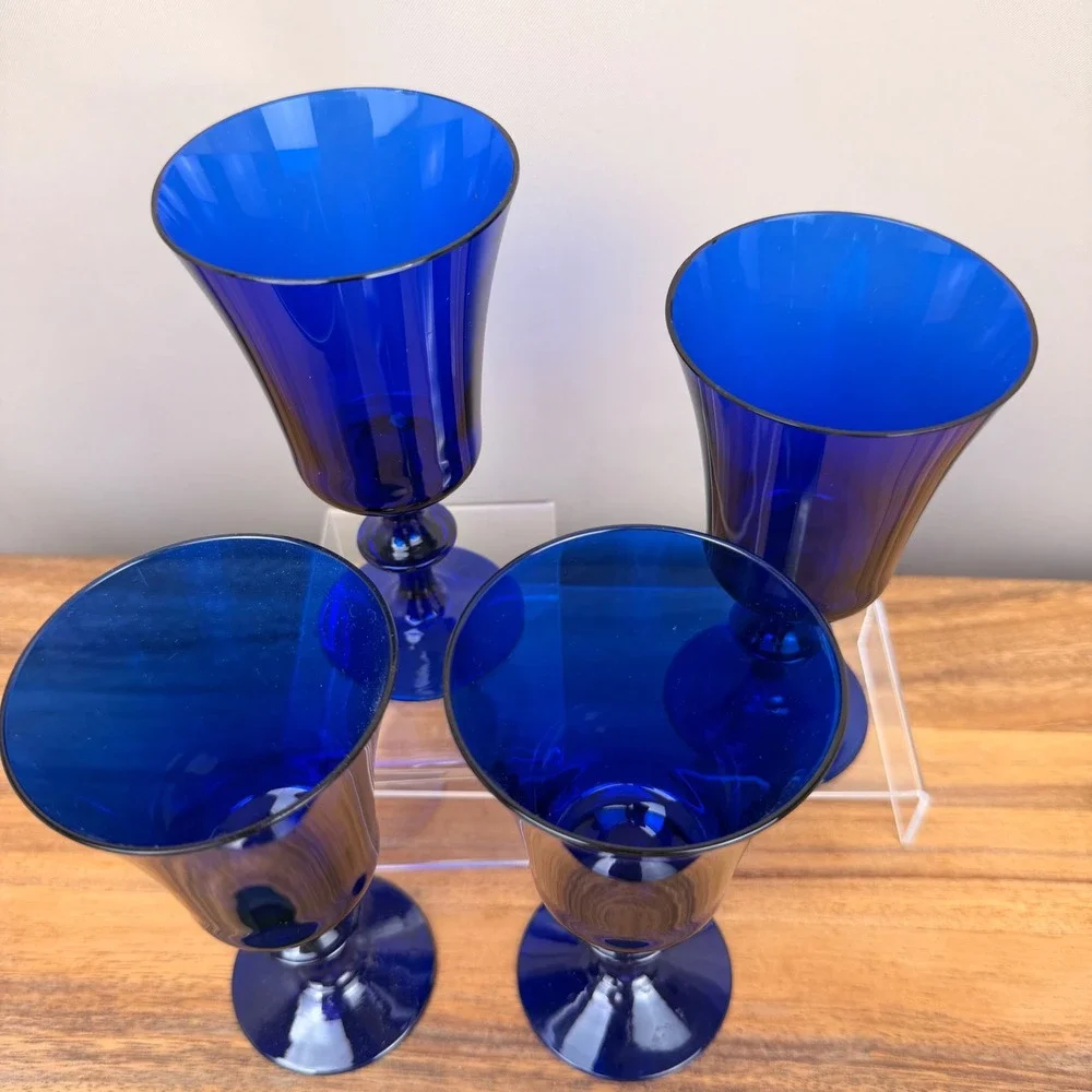 Royal Crystal Poland Cobalt Blue Wine Goblets RPL2 Flared Stemware Set of 4